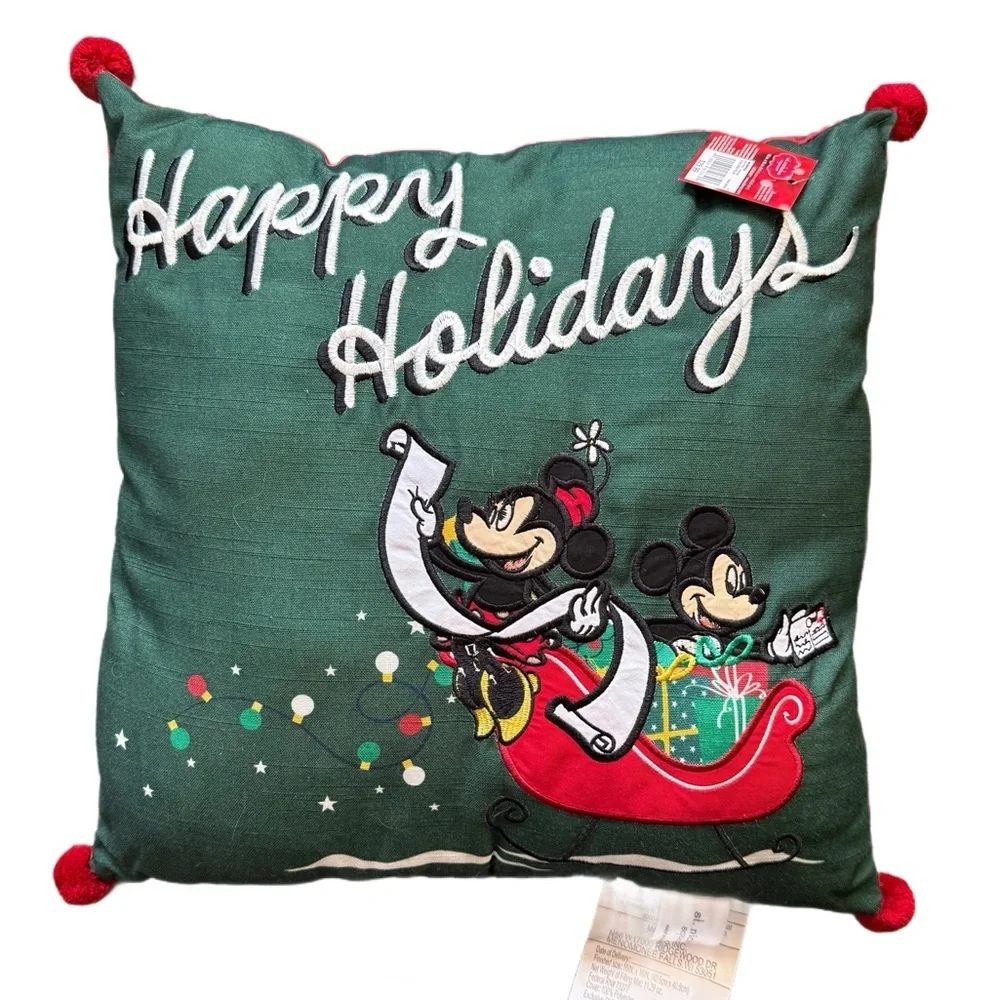 St. Nicholas Square Holiday Pillow featuring Mickey & Minnie - Green & Red - NWT